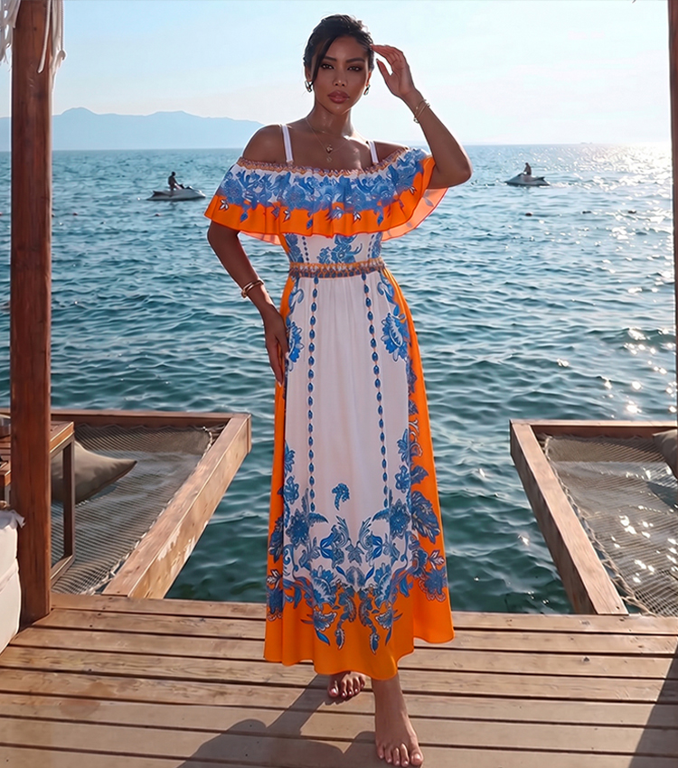 Off Shoulder Ruffle Retro Printed Swimsuit Set(s)