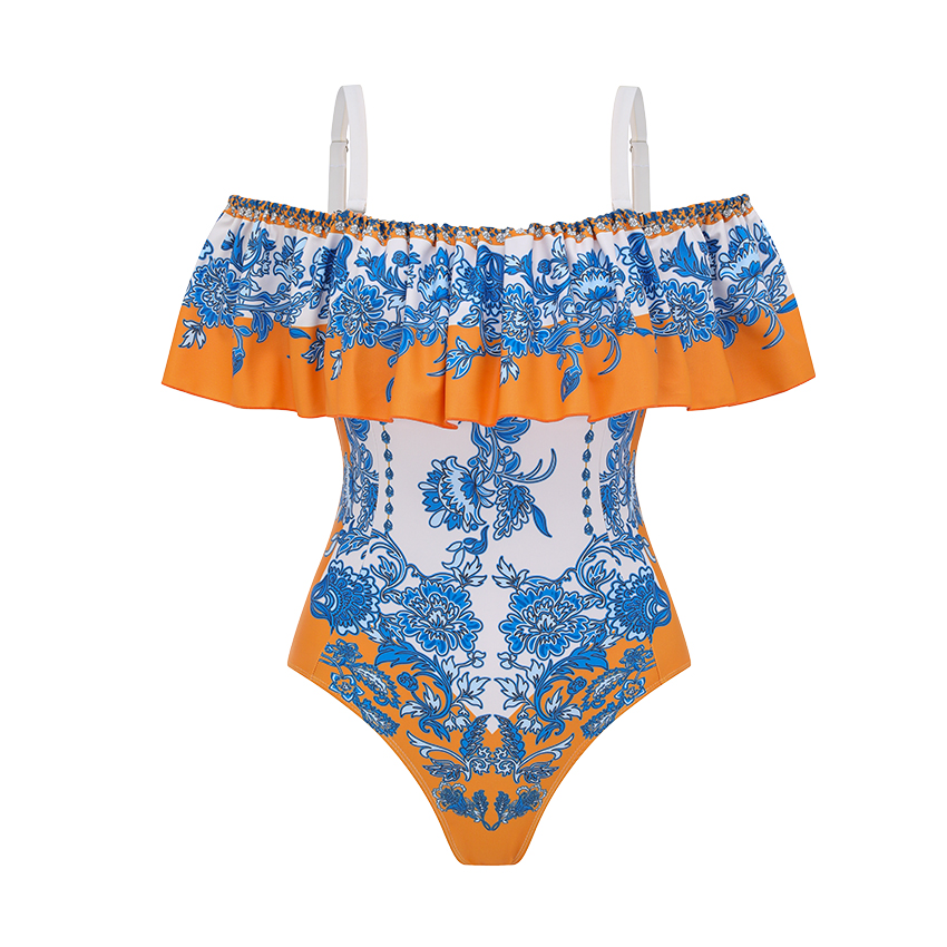 Off Shoulder Ruffle Retro Printed Swimsuit Set(s)