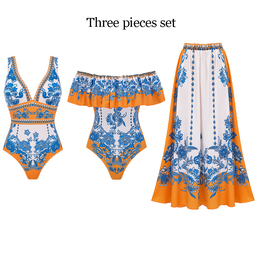Off Shoulder Ruffle Retro Printed Swimsuit Set(s)