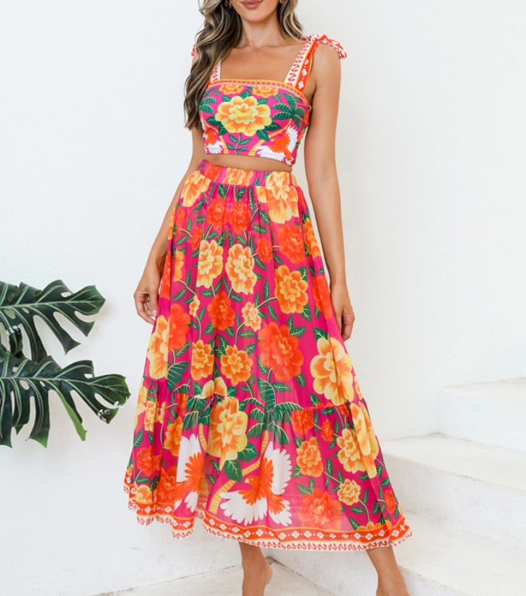 Tie-shoulder Flower Print Bikini Swimsuit and Skirt Flaxmaker