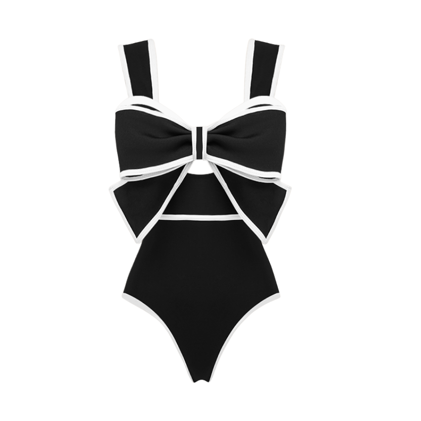 Black and White Bow Decor One Piece Swimsuit and Skirt Flaxmaker