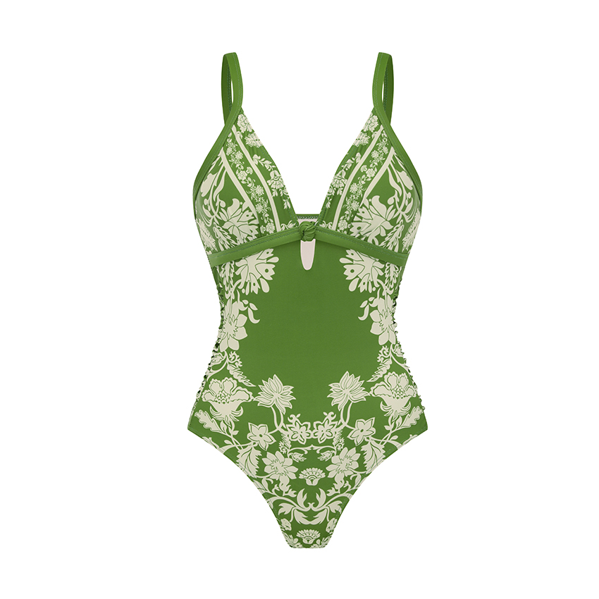 Sling Cut Out Green Retro Printed Swimsuit Set(s)