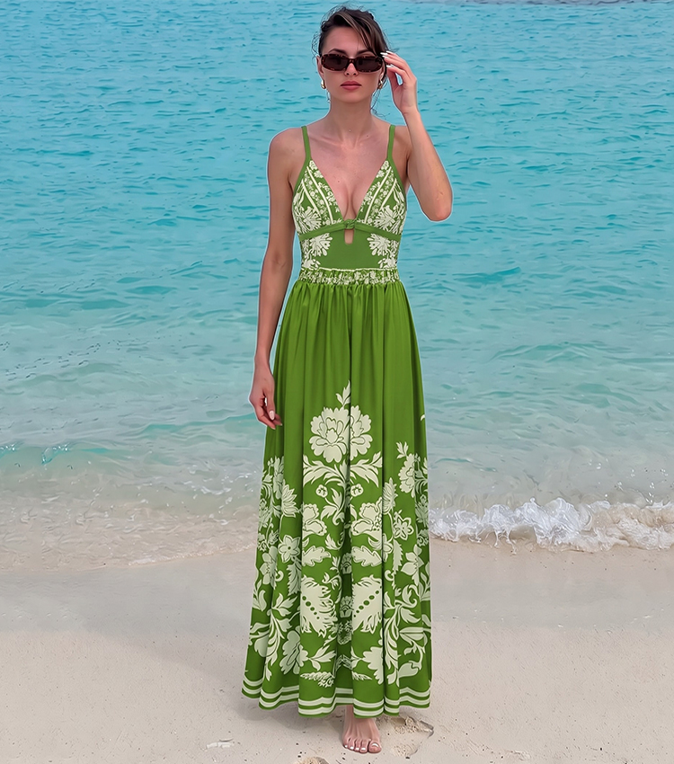 Sling Cut Out Green Retro Printed Swimsuit Set(s)