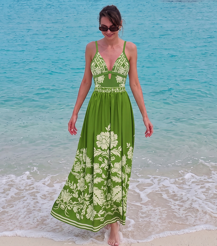 Sling Cut Out Green Retro Printed Swimsuit Set(s)