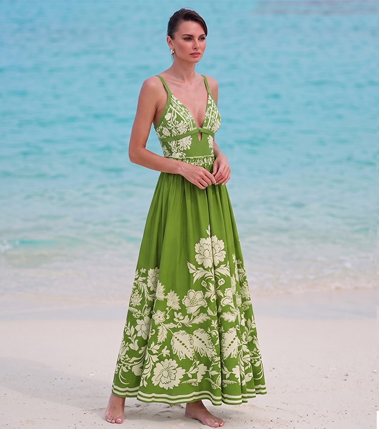 Sling Cut Out Green Retro Printed Swimsuit Set(s)
