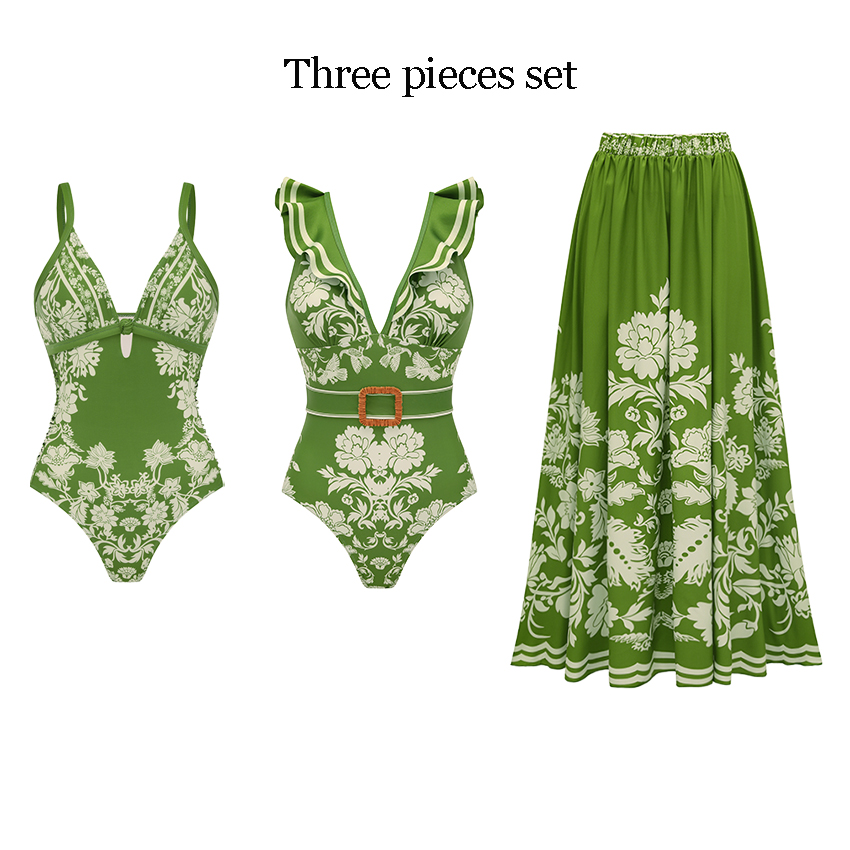 [Copy]Sling Cut Out Green Retro Printed Swimsuit Set(s)