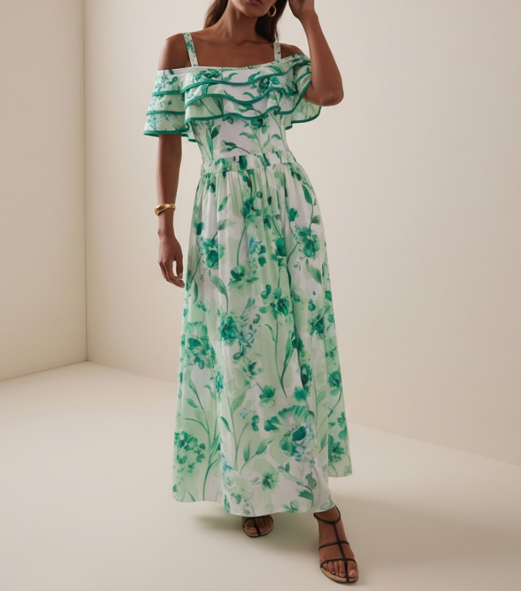 Green Loral Rint Tiered Ruffle Off-The-Shoulder Swimsuit Set(s)