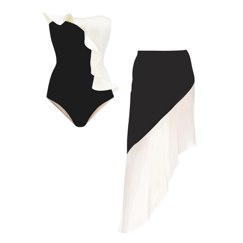 Off Shoulder Color Block Ruffle Decor One Piece Swimsuit and Skirt Flaxmaker