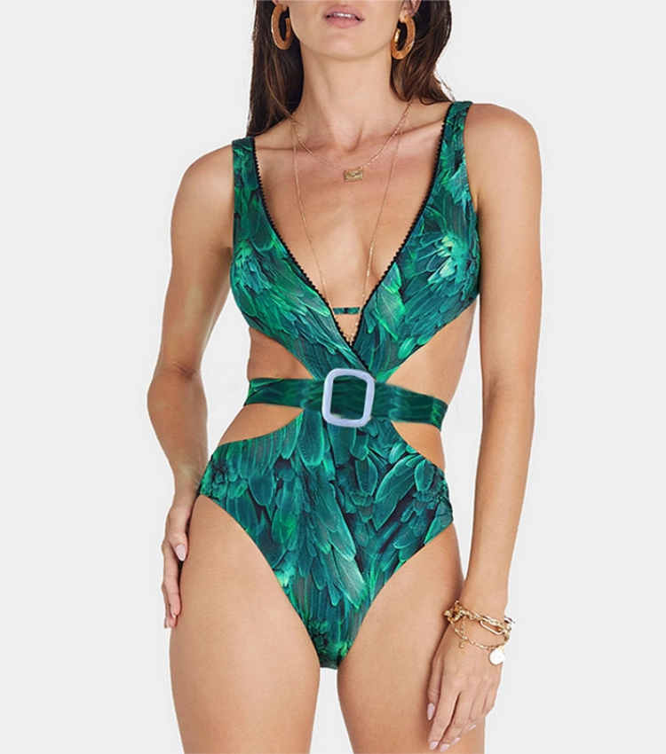 V Neck Cut Out Feather Printed Swimsuit and Skirt Flaxmaker