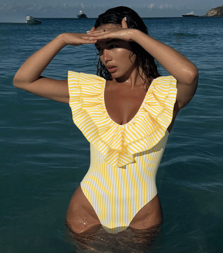 V Neck Ruffle Striped Print One Piece Swimsuit and Skirt