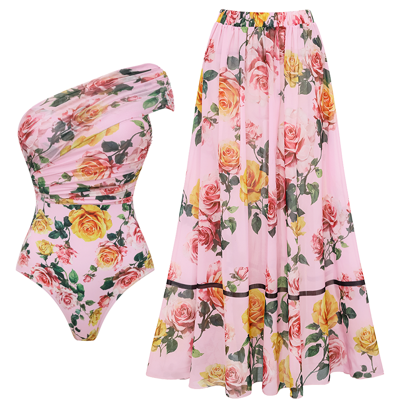 Plus Size Rose One Shoulder One Piece Swimsuit and Skirt