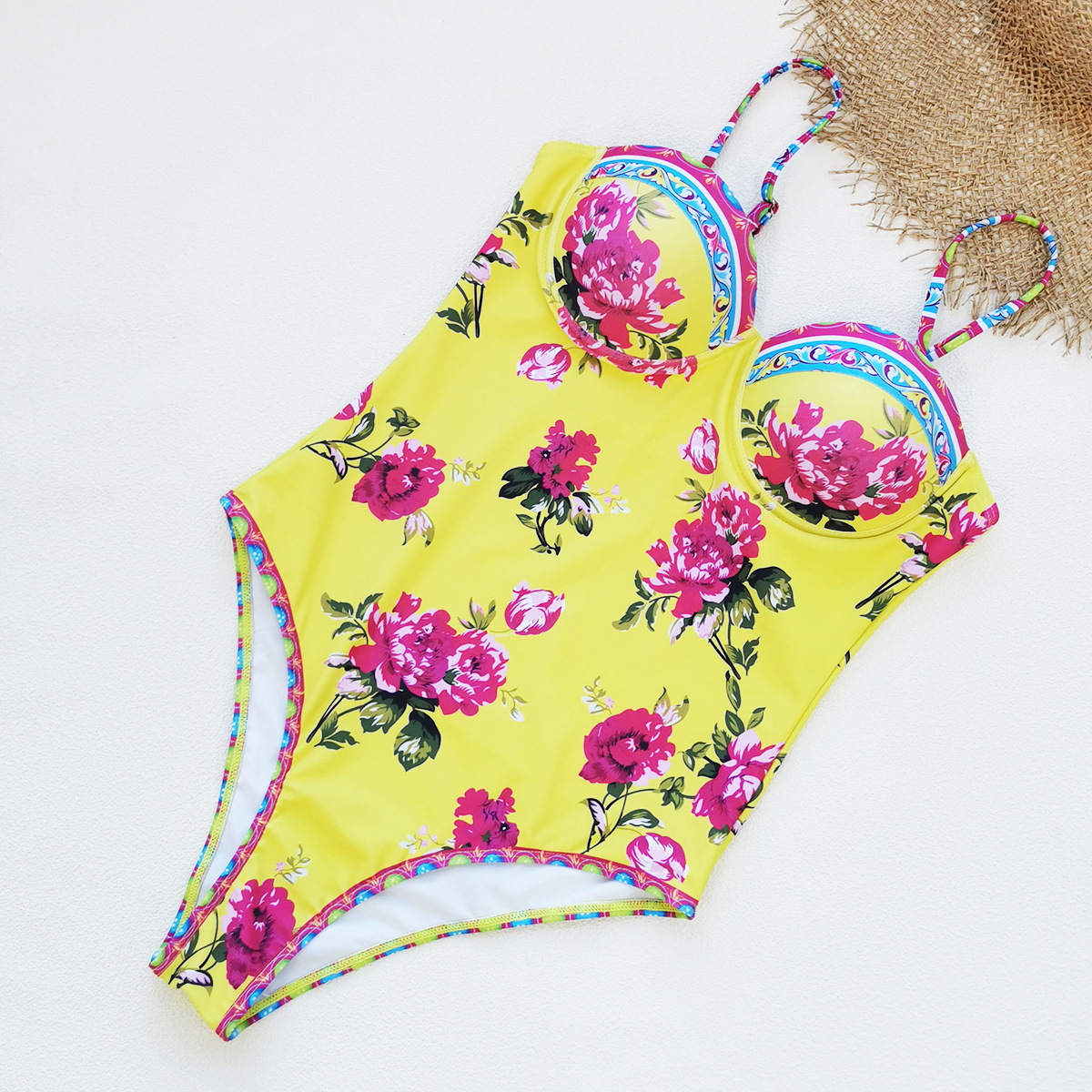 抹胸一体式套穿硬包连体泳衣女式2025新款复古印花速卖通swimsuit