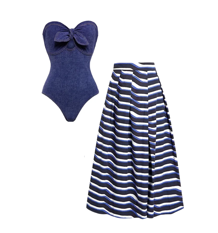 Bowknot Bandeau One Piece Swimsuit and Skirt Flaxmaker