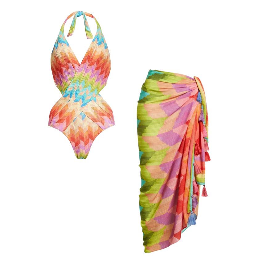 Halter Cut Out Printed One Piece Swimsuit and Sarong Flaxmaker