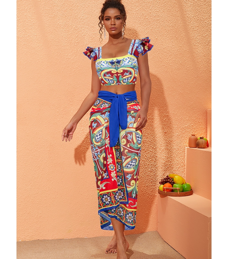Ruffle Printed  Bikini Swimsuit and Skirt Flaxmaker