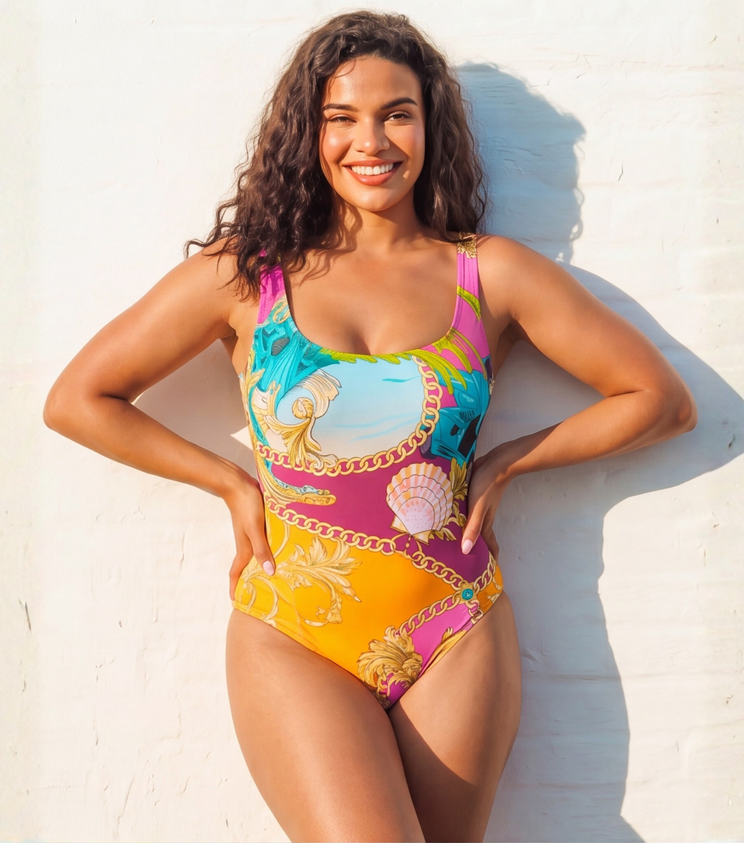 Plus Size Round Neck Shell Print One Piece Swimsuit and Sarong or Skirt