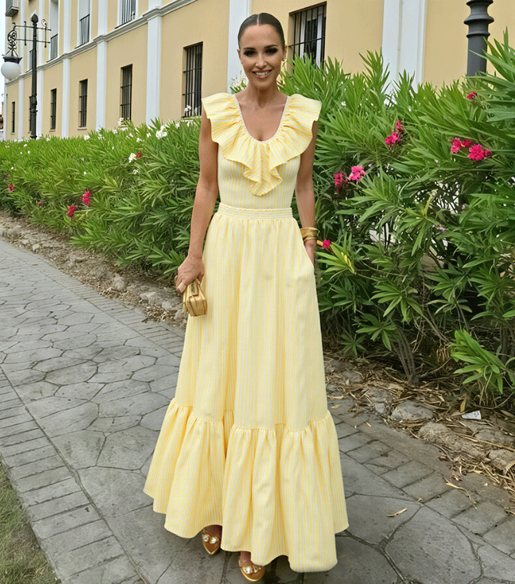 V Neck Ruffle Striped Print One Piece Swimsuit and Skirt