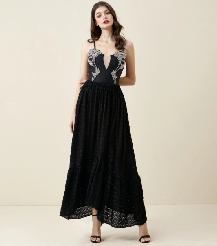 Rhinestones Flower Decor One Piece Swimsuit and Skirt Flaxmaker