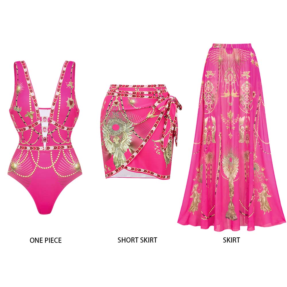 Hollow Metallic Pattern Printing One Piece Swimsuit and Skirt