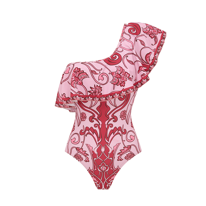 One Shoulder Ruffle Retro Printed Swimsuit Set(s)