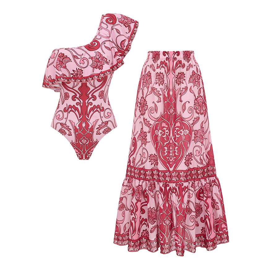One Shoulder Ruffle Retro Printed Swimsuit Set(s)