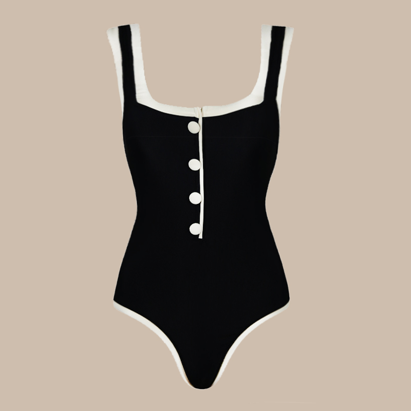 White and Black Color Block One Piece Swimsuit and Skirt