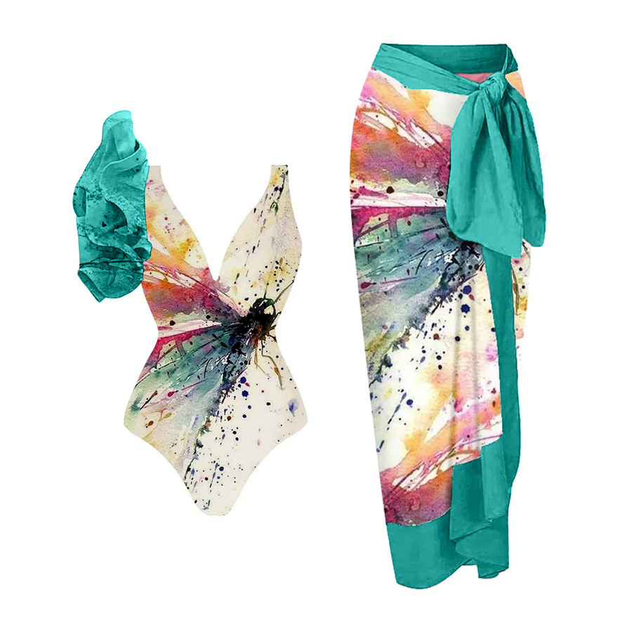 V Neck Ruffle Butterfly Print One Piece Swimsuit and Sarong Flaxmaker