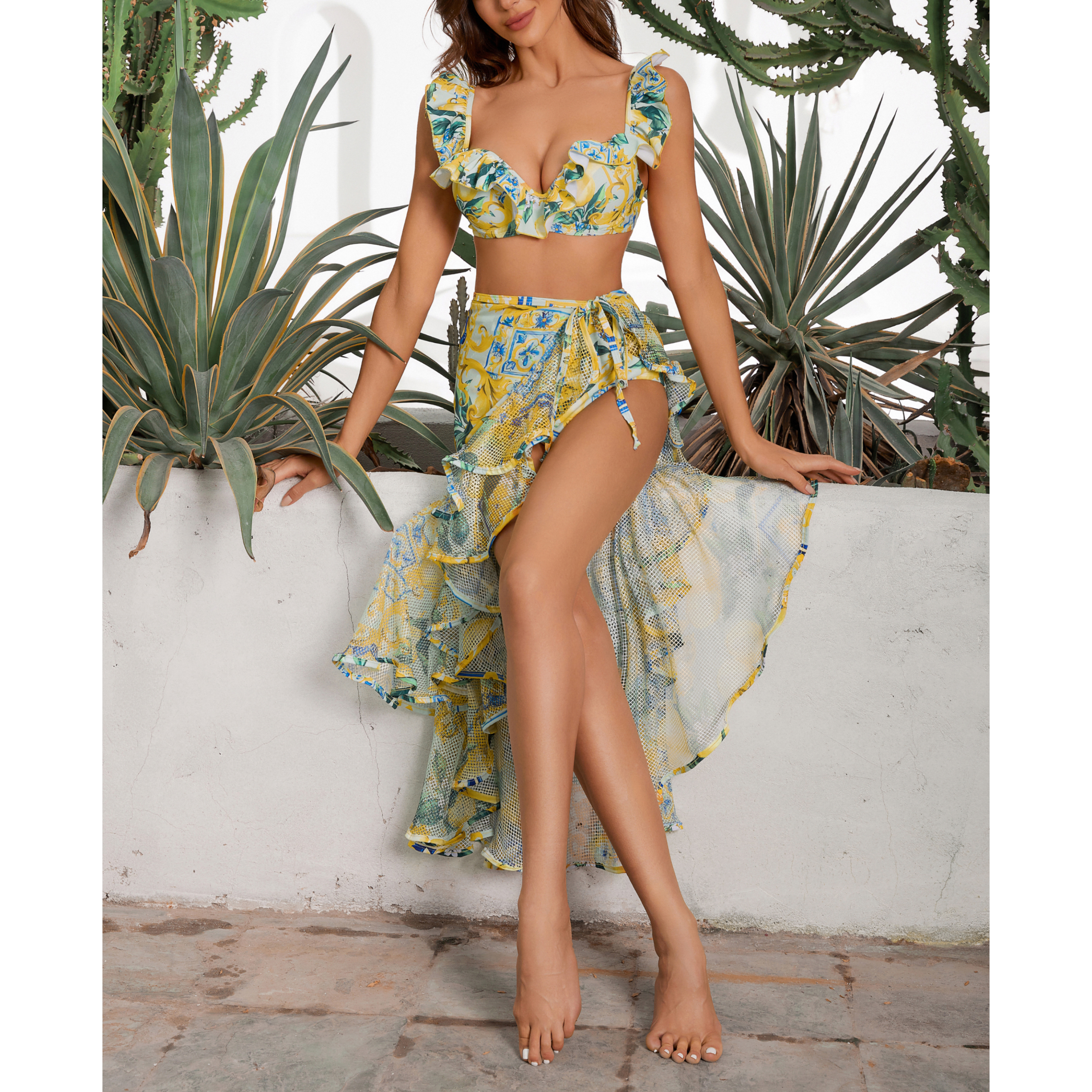 Lemon Print Ruffle Strap Bikini Swimsuit and Mesh Splicing Sarong Flaxmaker
