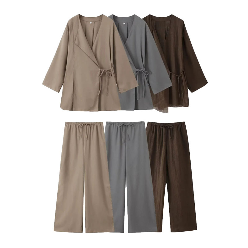 Lace Up Cotton and Linen Top and Pants Set