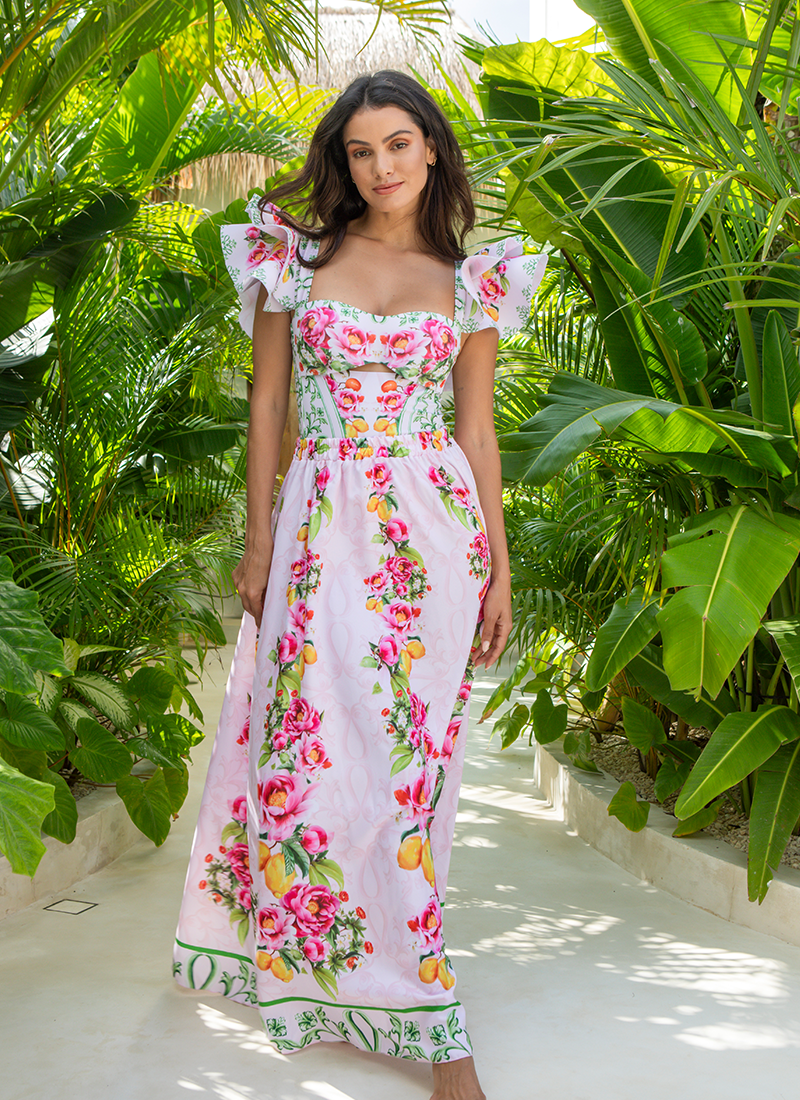 Ruffle Cut Out Lemon Floral Pattern Print One Piece Swimsuit and Skirt