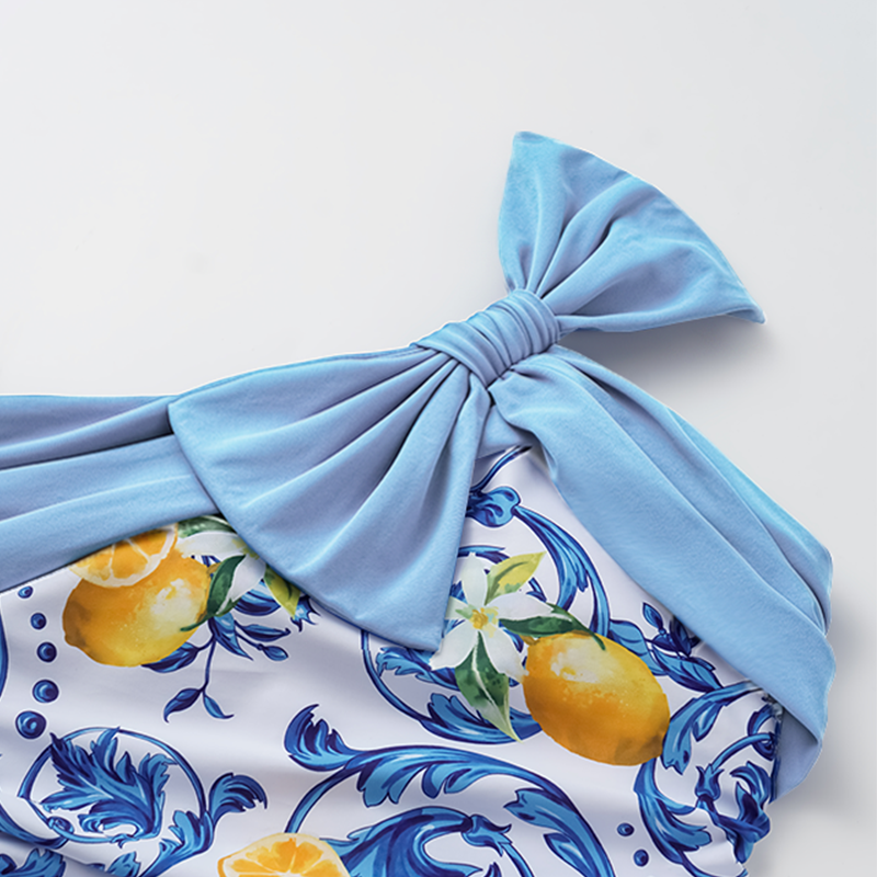 Lemon Print One Shoulder One Piece Swimsuit and Sarong or Skirt Flaxmaker