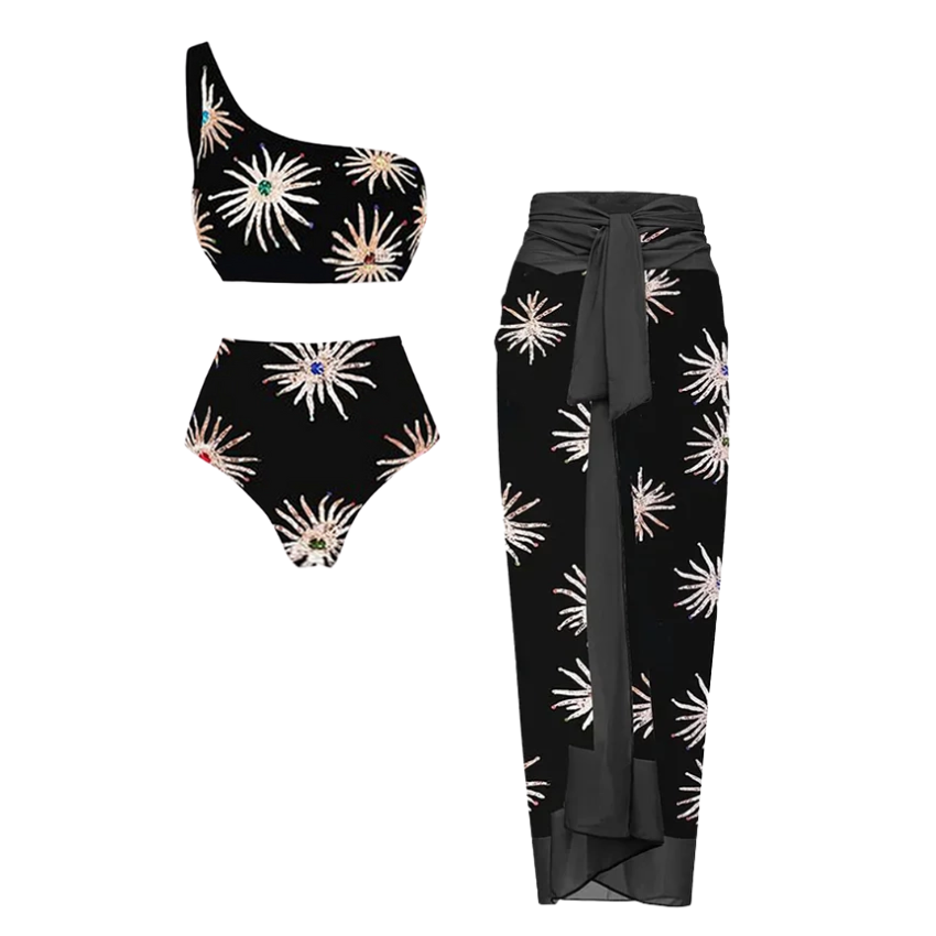 One Shoulder Printed Bikini Swimsuit and Sarong Flaxmaker