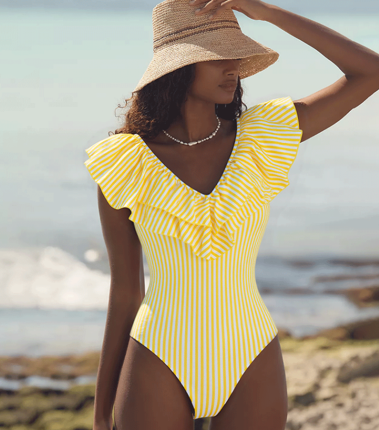 V Neck Ruffle Striped Print One Piece Swimsuit and Skirt