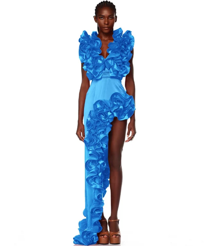 Frilled V Neck Blue One Piece Swimsuit and Skirt Flaxmaker