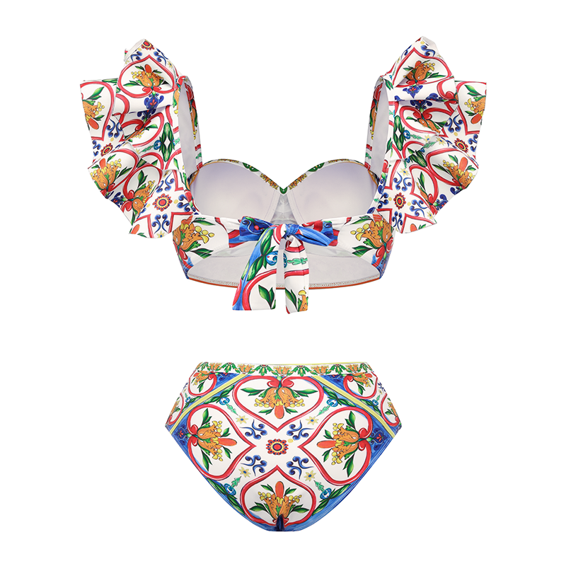 Ruffle Sleeves  Paisley-print  Bikini Swimsuit and Sarong
