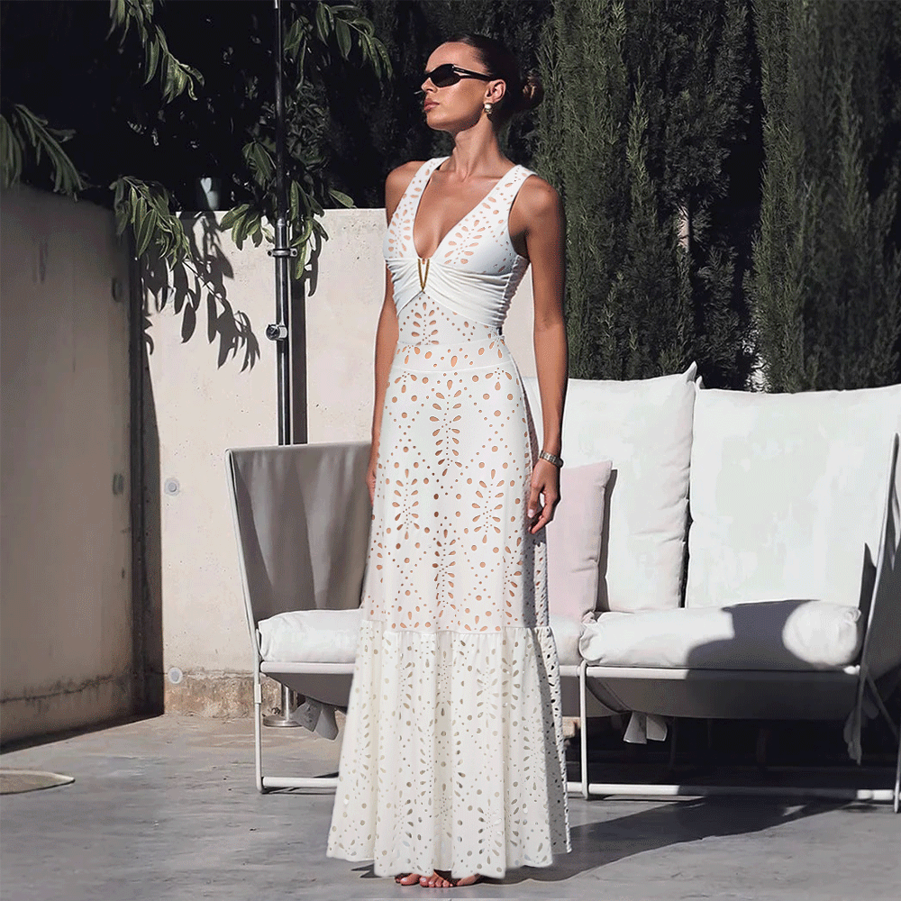 V Neck Solid Color Laser Cutting Flower One Piece Swimsuit and Skirt