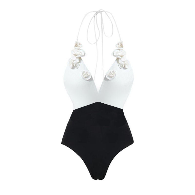V Neck Flower Color Block One Piece Swimsuit