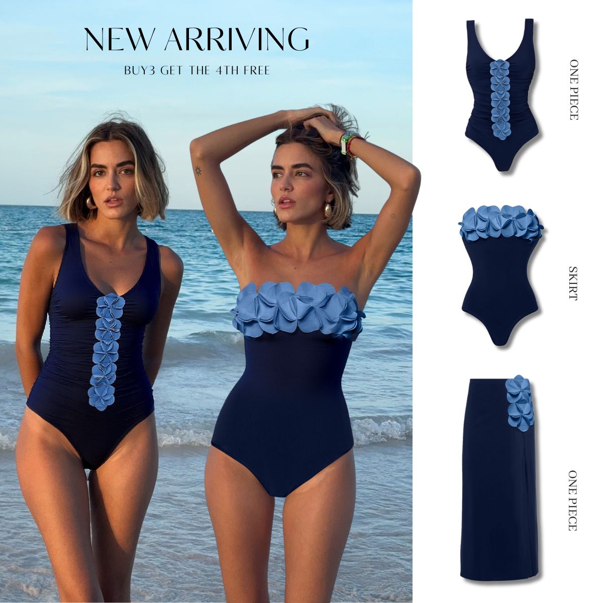 Bandeau 3D Flower One Piece Swimsuit and Skirt