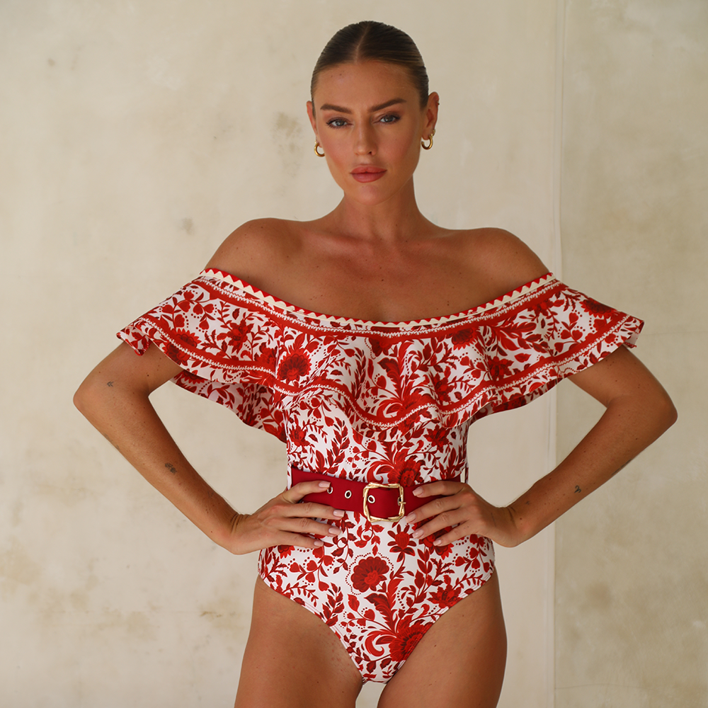 Bandeau Ruffled Red Flower Silhouette Print One Piece Swimsuit and Skirt