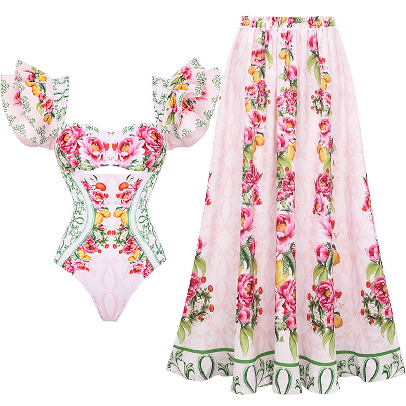 Ruffle Cut Out Lemon Floral Pattern Print One Piece Swimsuit and Skirt