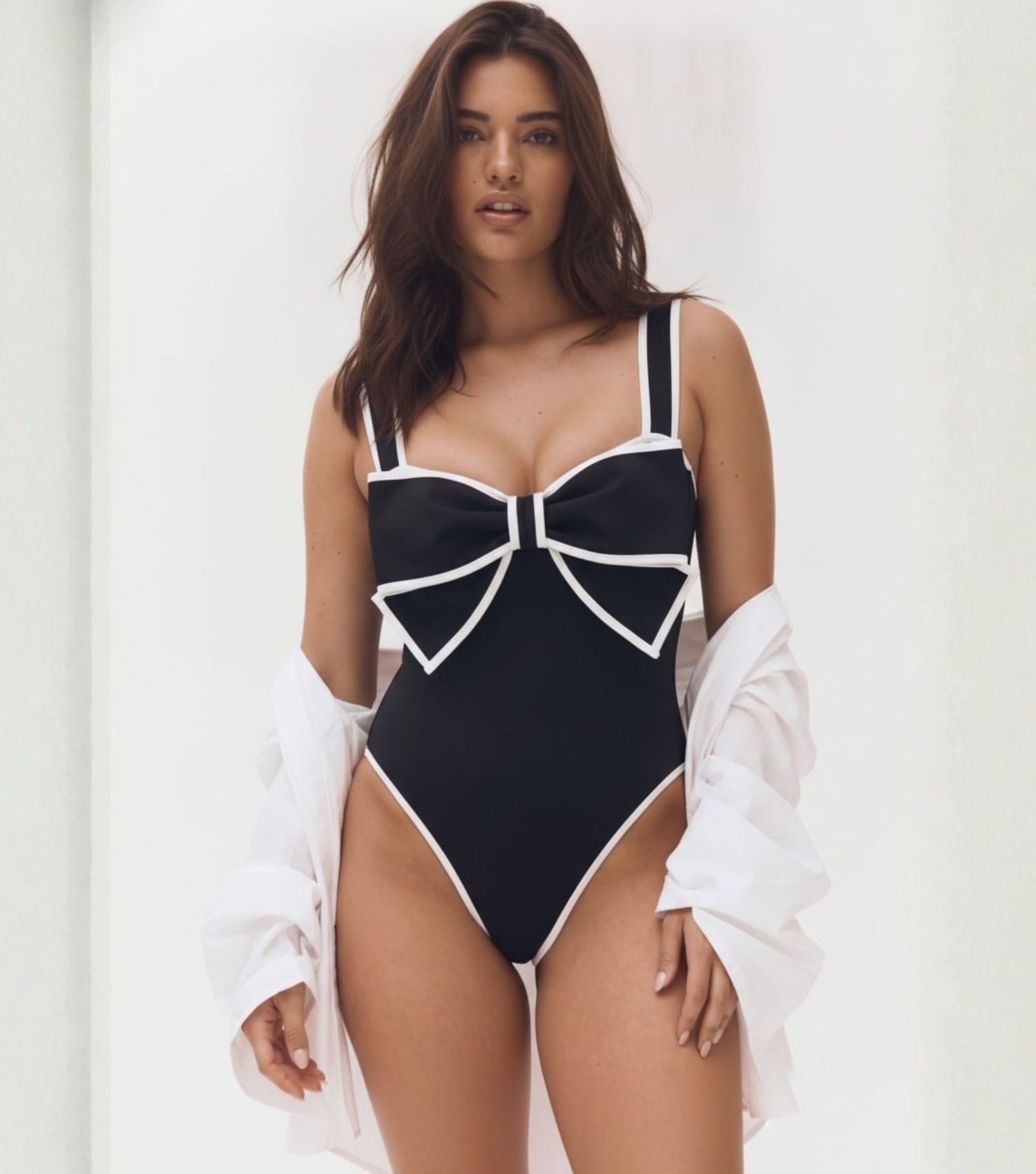 Plus Size Black and White Bow Decor One Piece Swimsuit and Skirt Flaxmaker