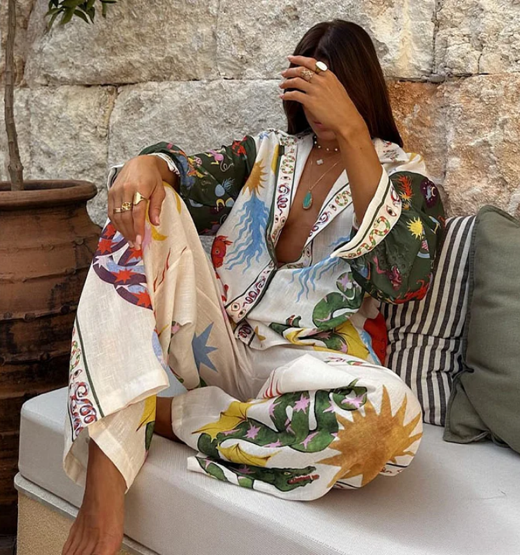 Graffiti Printed Long Sleeve Shirt and Pants Set