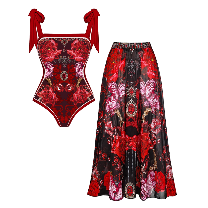 Bowknot Tie-shoulder One Piece Swimsuit and Skirt Flaxmaker