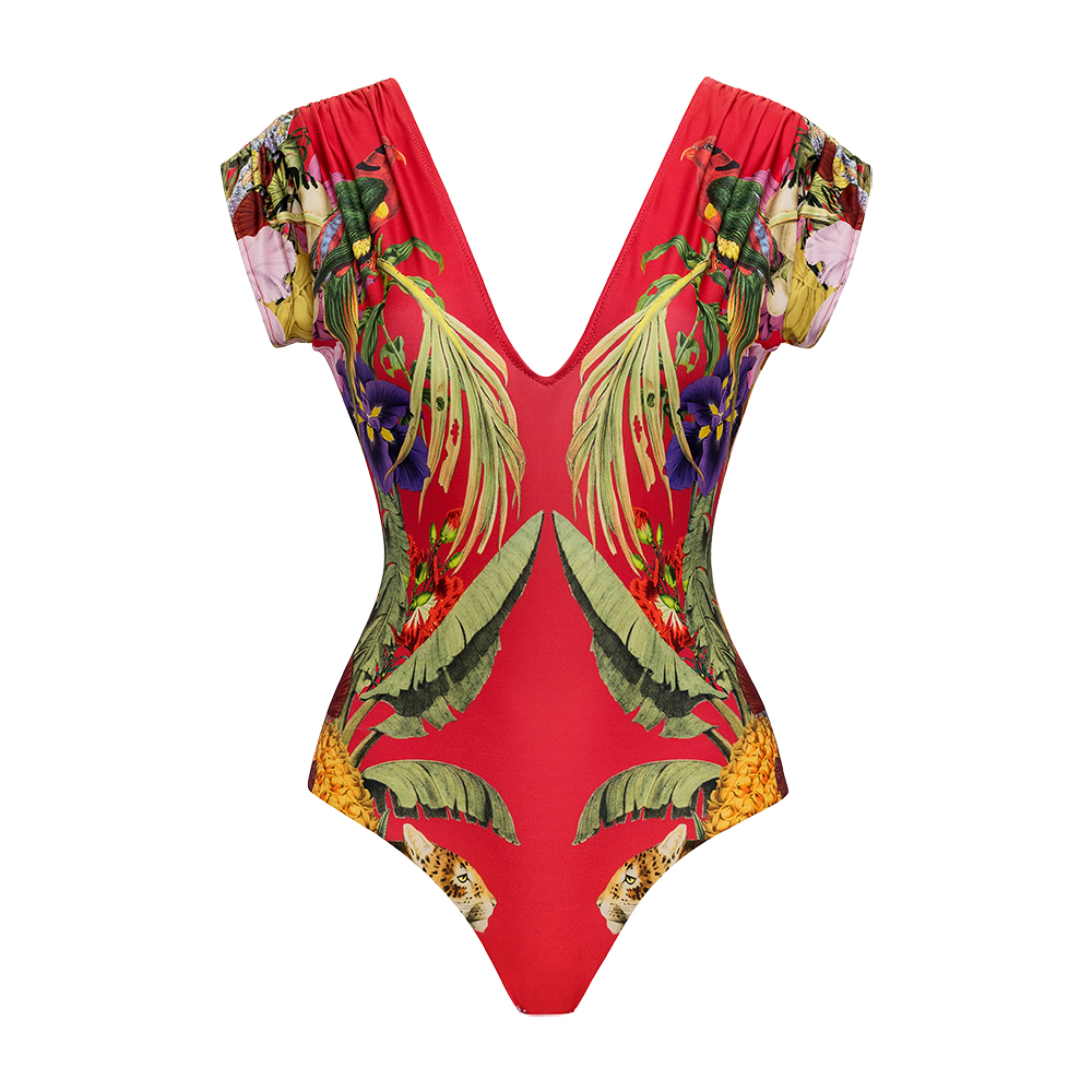 Red Leopard Printed One Piece Swimsuit and Cover up