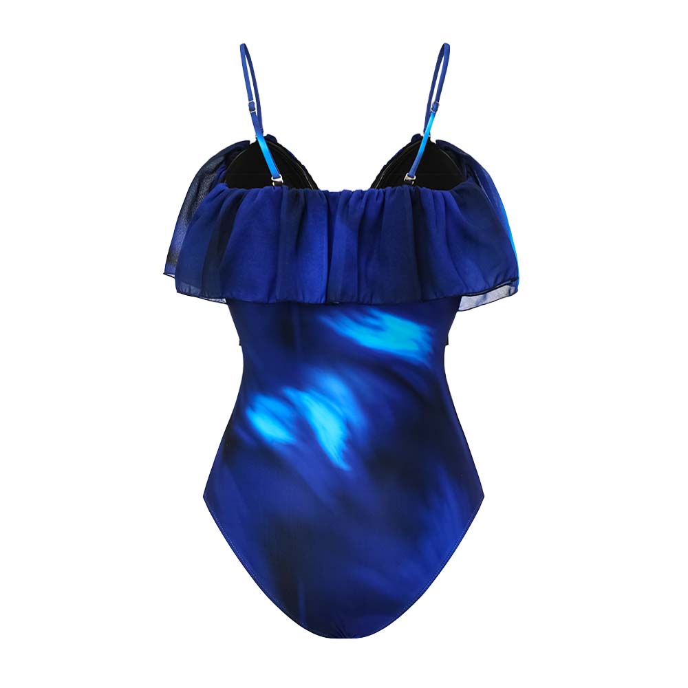 Blue Blooming Ruffle One Piece Swimsuit and Skirt