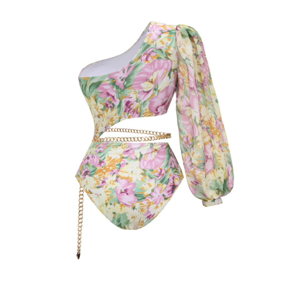 One Shoulder Cut out Blossom Printed One Piece Swimsuit and skirt Flaxmaker