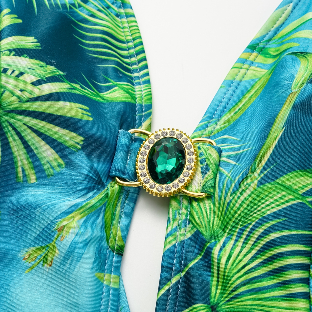 Ruffled Jungle Green Print One Piece  Swimsuit and Skirt