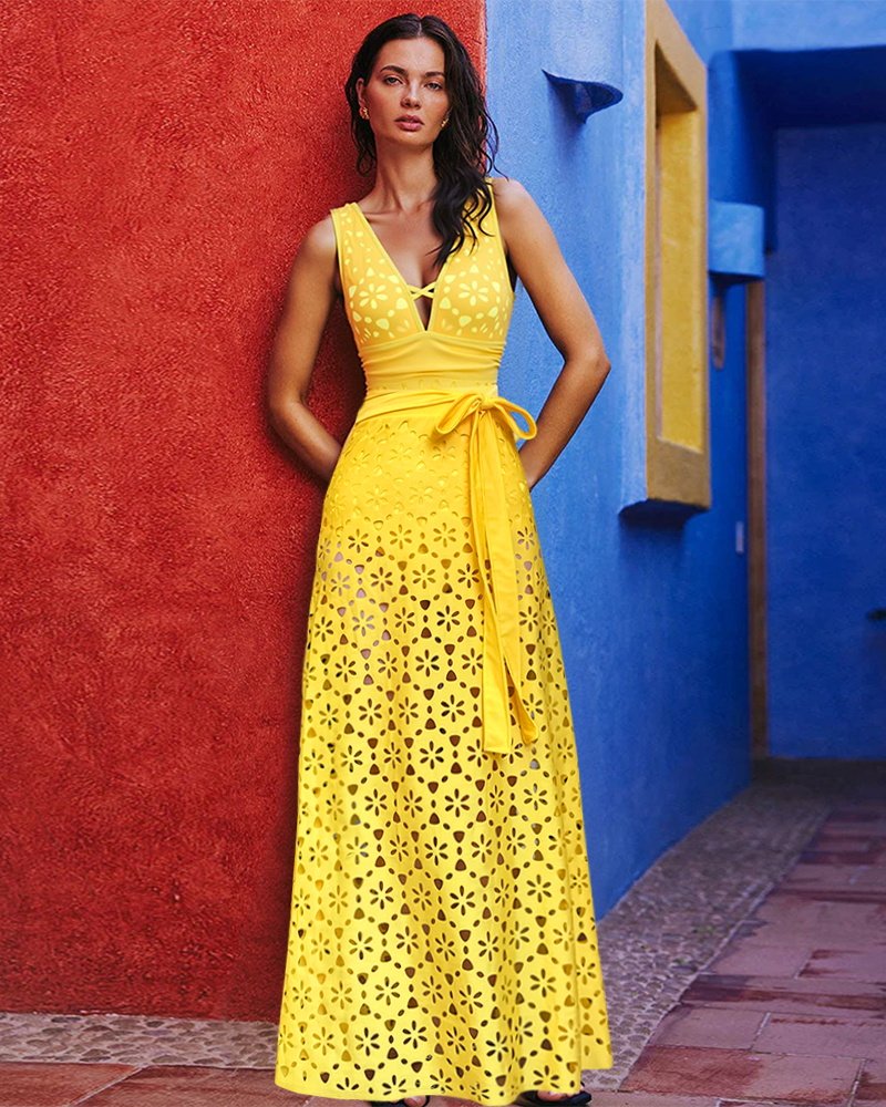 Yellow Color Laser Cutting Flower Hollow One Piece Swimsuit and Skirt
