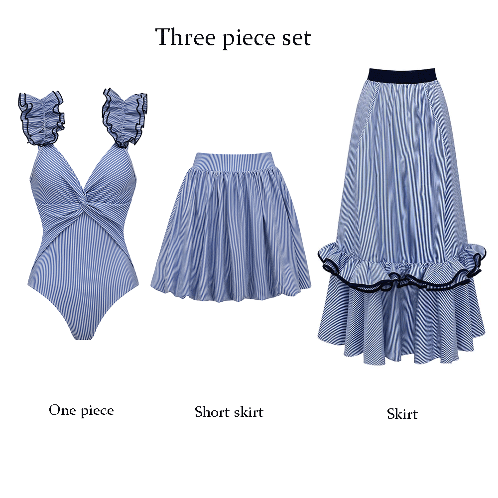 Adjustable Shoulder Strap Double Ruffle Blue Stripes Print One Piece Swimsuit and Skirt
