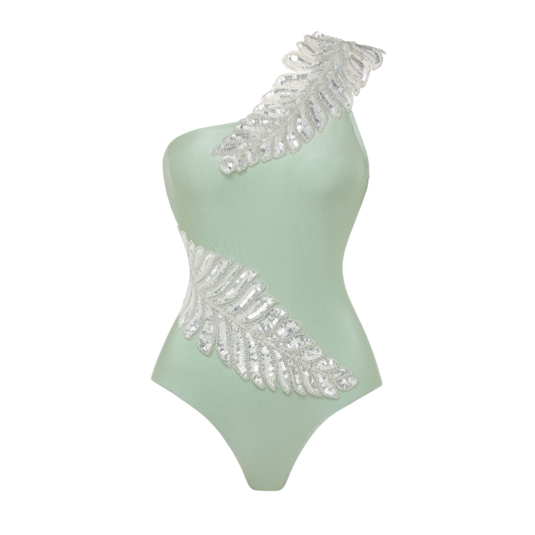 One Shoulder Sequin Leaf Embroidery One Piece Swimsuit and Sarong Flaxmaker